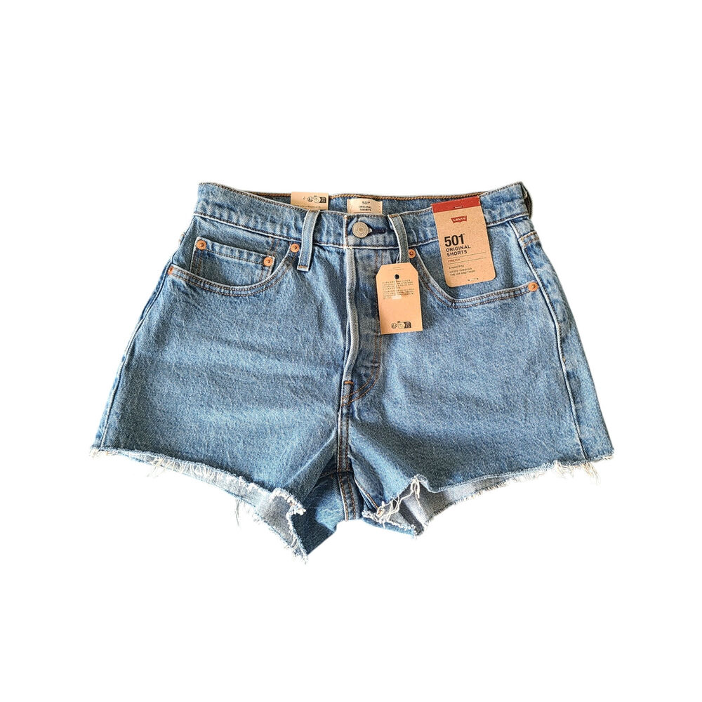 Levis 501 Original High Rise Stretch Denim Cutoff Shorts Blue Wash Size 27 NWT